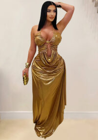 Women Sexy Halter Neck Gold Chain Pleated Dress