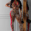 Women Sexy Leopard Color-blocking Top and Pants Two-piece Set