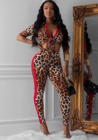 Women Sexy Leopard Color-blocking Top and Pants Two-piece Set