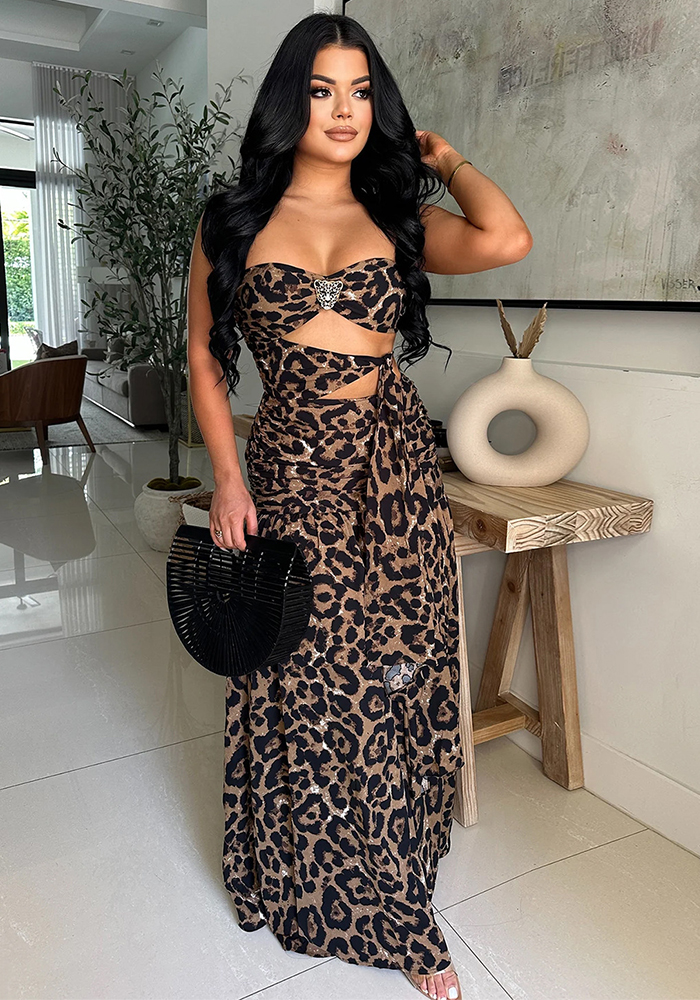 Women Sexy Leopard Print Strapless Backless Dress