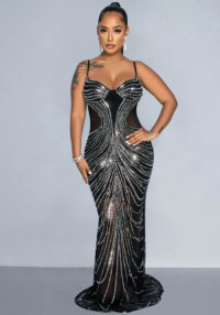 Women Sexy Party Wear Beaded Solid Strapless Bodycon Dress