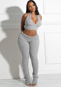 Women sexy ribbed halter neck Drawstring vest with fold-over pants two-piece set