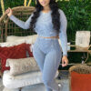 Women Sexy Ribbed Long Sleeve Top and Pant Two-piece Set
