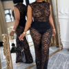 Women Sexy See-Through Lace Patchwork Bodysuit, Bell Bottom, Two-Piece Set