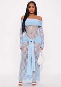 Women Sexy See-Through Lace Patchwork Off-Shoulder Long-Sleeve Dress