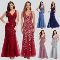 Women Sexy Sleeveless V-Neck Embroidered Sequin Fishtail Bridesmaid Evening Dress
