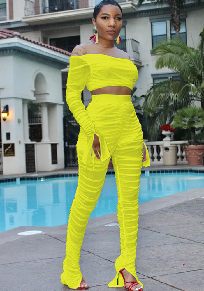 Women Sexy Solid Elastic Pleated Top and Pants Two-Piece Set