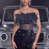 Women Sexy Strapless Black Sequined Feather Patchwork Sequined Formal Party Bodycon Dress
