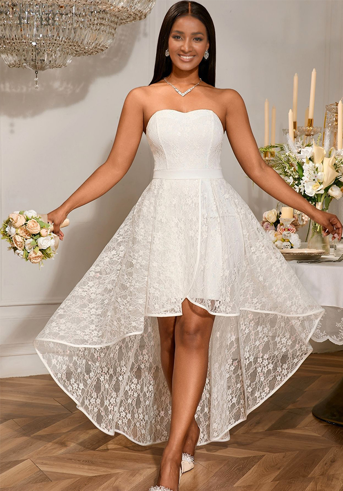 Women sexy Strapless jacquard lace elegant wedding bridesmaid dress white Dress