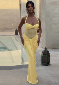 Women Sexy Summer Strapless Off-Shoulder Mesh Patchwork Halter Neck Lace-Up Dress