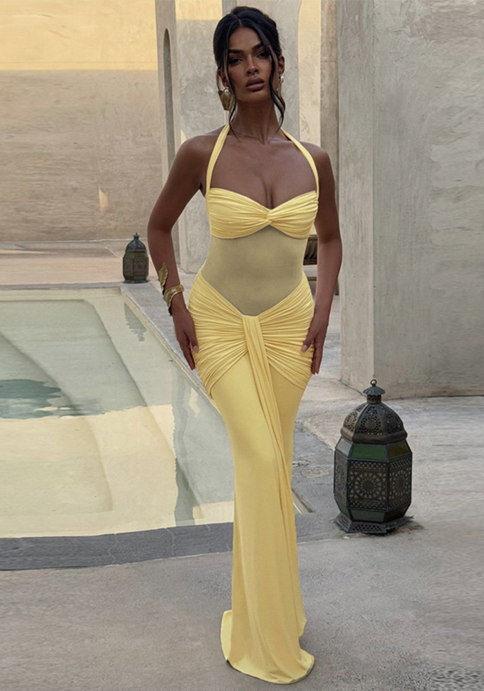 Women Sexy Summer Strapless Off-Shoulder Mesh Patchwork Halter Neck Lace-Up Dress