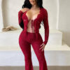 Women sexy with hollow long sleeves lace Top and Pants Two-piece Set