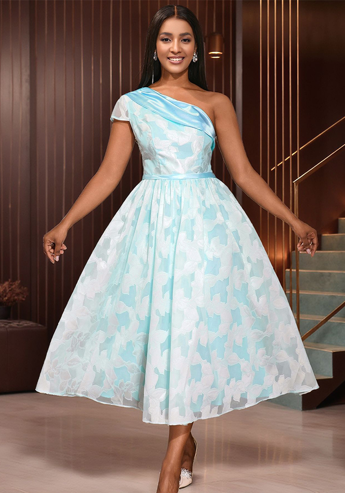 Women Slash Shoulder Contrast Jacquard Formal Party Dress