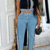 Women Sleeveless Patchwork Ribbed Striped Top and Denim Wide Leg Pants Two-Piece Set