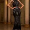 Women Sleeveless Round Neck Sequined Bodycon Formal Party Mermaid Evening Dress
