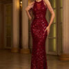 Women Sleeveless Round Neck Sequined Bodycon Formal Party Mermaid Evening Dress