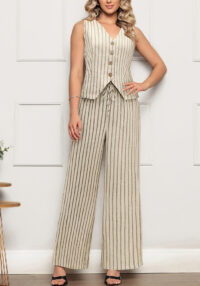 Women Sleeveless Vest Top Striped Wide Leg Pants Two-Piece Set
