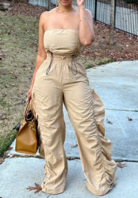 Women solid drawstring pleated top and pants two-piece set