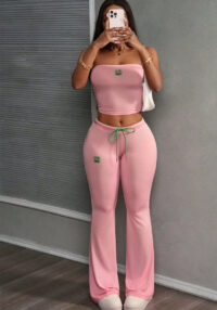 Women Solid Embroidered Sleeveless Strapless Top and Pants Two-piece Set