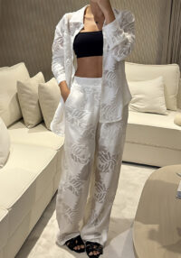 Women solid floral career casual top and pants two-piece set