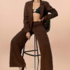 Women solid long-sleeved button blazer and wide-leg pants two-piece set