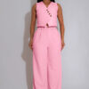 Women Solid Sleeveless V-Neck Vest Top Casual Wide Leg Pants Two-Piece Set
