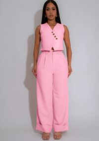 Women Solid Sleeveless V-Neck Vest Top Casual Wide Leg Pants Two-Piece Set