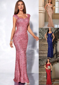 Women Solid U-Neck Sequined Strappy Fishtail Evening Dress