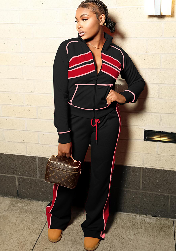 Women Sporty Casual Autumn/Winter Colorblock Long-Sleeved Top and Pant Two-Piece Set