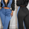 Women Sporty Casual Denim Contrast Zippered Jacket and Wide-Leg Pants Two-Piece Set