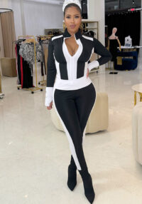 Women Sporty Casual Long-Sleeved Contrast Color Top and Pant Two-Piece Set