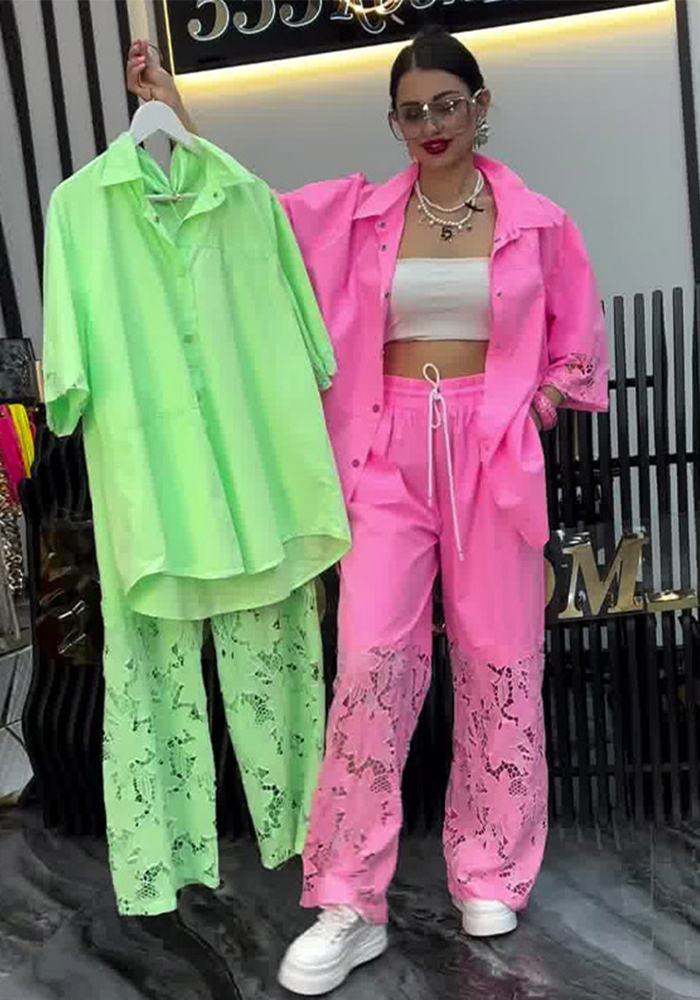 Women Spring Long-Sleeved Shirt and Patchwork Lace Pant Two-Piece Set