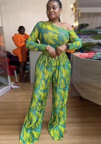 Women Spring Print Slash Shoulder Long Sleeve Top and Wide Leg Pants Pleated Two-piece Set