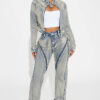 Women Spring Sexy Stretch Washed Zipper Denim Jacket Top and PantsTwo Piece Set