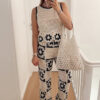 Women Spring Summer Crochet Hollow Flower Round Neck Sleeveless Knitting Top and Square Wide Leg Pants Two-piece Set