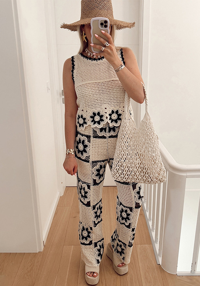 Women Spring Summer Crochet Hollow Flower Round Neck Sleeveless Knitting Top and Square Wide Leg Pants Two-piece Set