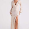 Women Spring/Summer Sequined Slit Long Sleeve Evening Dress