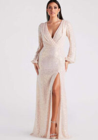 Women Spring/Summer Sequined Slit Long Sleeve Evening Dress