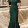 Women Spring/Summer V-Neck Sequined Short-Sleeved Dark Green Maxi Bodycon Evening Dress