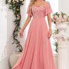 Women Square-neck Short-sleeved Backless Pink Sequin Patchwork Chiffon Evening Dress