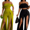 Women Strapless Top and Slit Wide Leg Pants Two-Piece Set