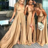 Women Straps Deep V Bridesmaid Dress Slit Dress