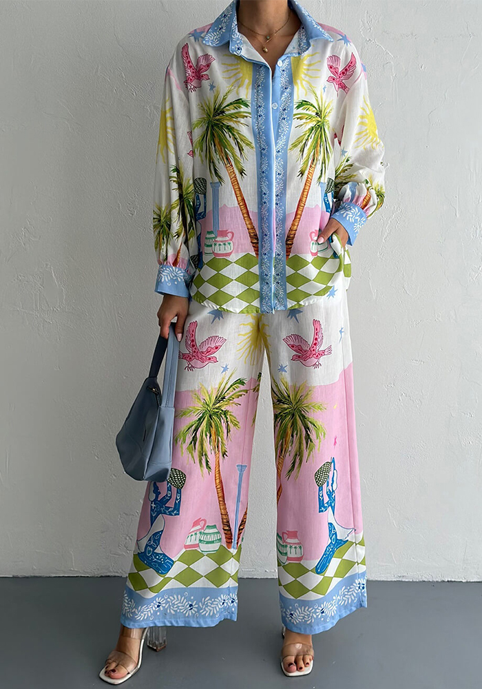 Women Style Printed Linen Long Sleeve Shirt and Pants Two-Piece Set