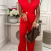 Women summer button Solid Top and wide-leg pants Career two-piece set