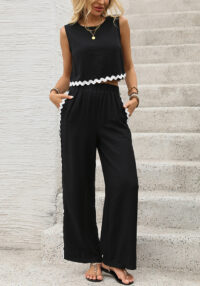 Women Summer Career Contrast Lace Patchwork Sleeveless Top and Pants Two-Piece Set