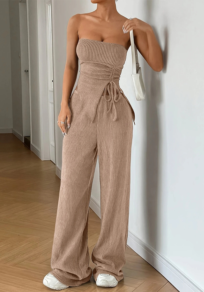 Women Summer Career Ribbed Sleeveless Tie Top and Pant Two-Piece Set