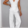 Women summer casual solid v-neck sleeveless top and pants two-piece set
