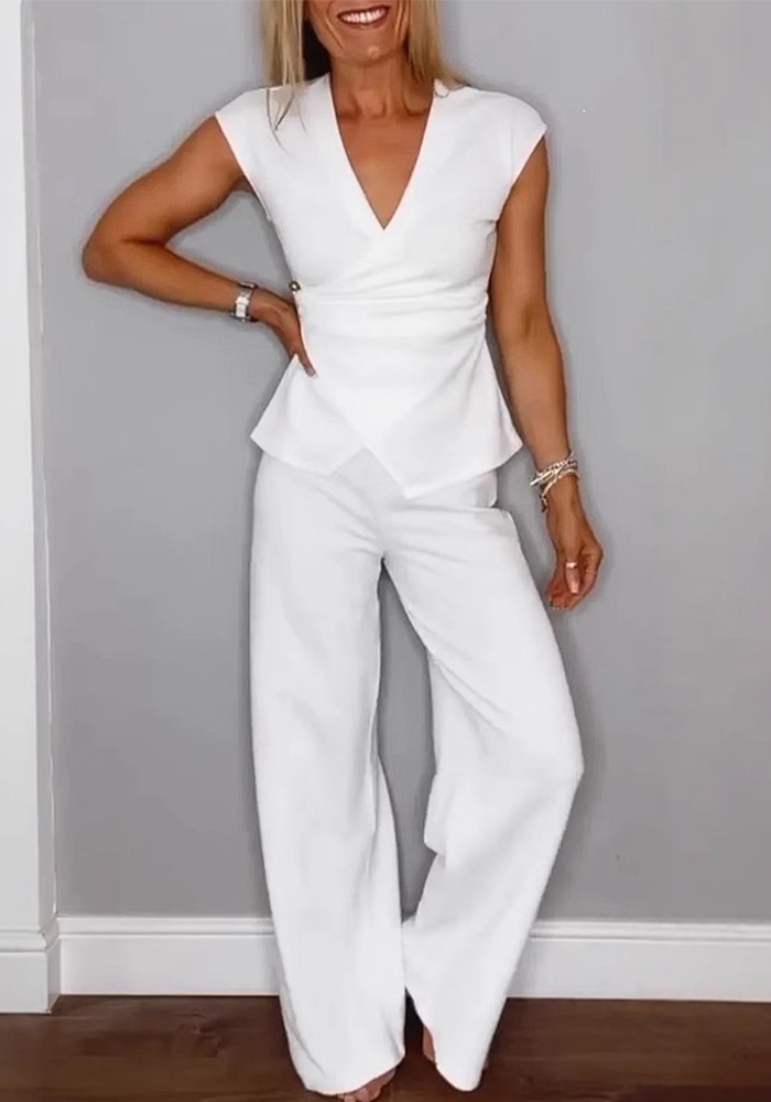 Women summer casual solid v-neck sleeveless top and pants two-piece set