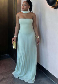 Women Summer Collarless Solid Pleated Strapless Dress