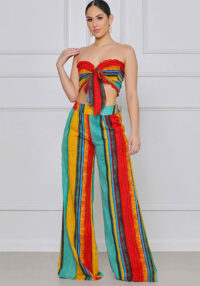 Women Summer Colorful Striped Two-Piece Top and Pant Set